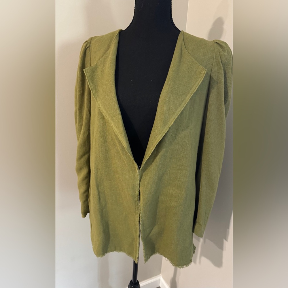 Something Navy Women's‎ Olive Green Linen Blend Blazer Jacket Puff Sleeve Size L